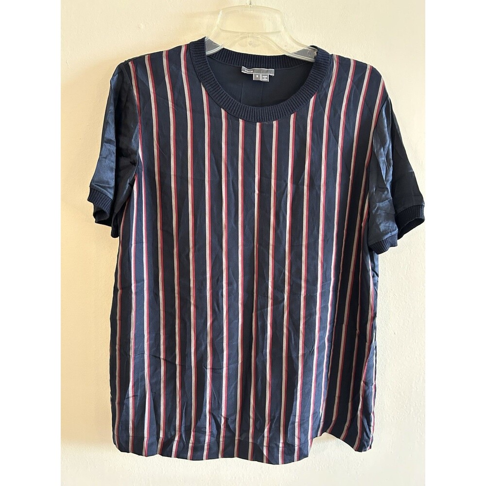 Vince 100% Silk Blouse Blue Black Red Stripe Quiet Luxury Size S